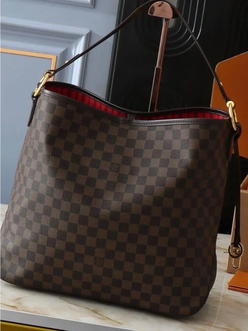 Louis Vuitton Brown Damier Shoulder Bag with Red Lining